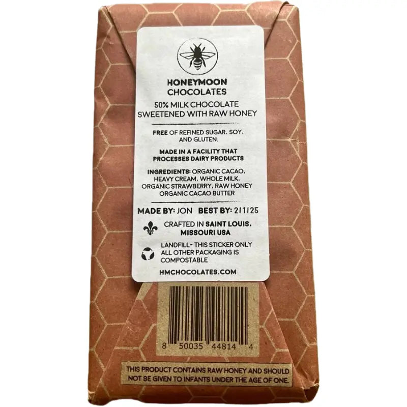 50% Milk Chocolate + Strawberry Raw Honey Chocolate Bar Honeymoon Chocolates